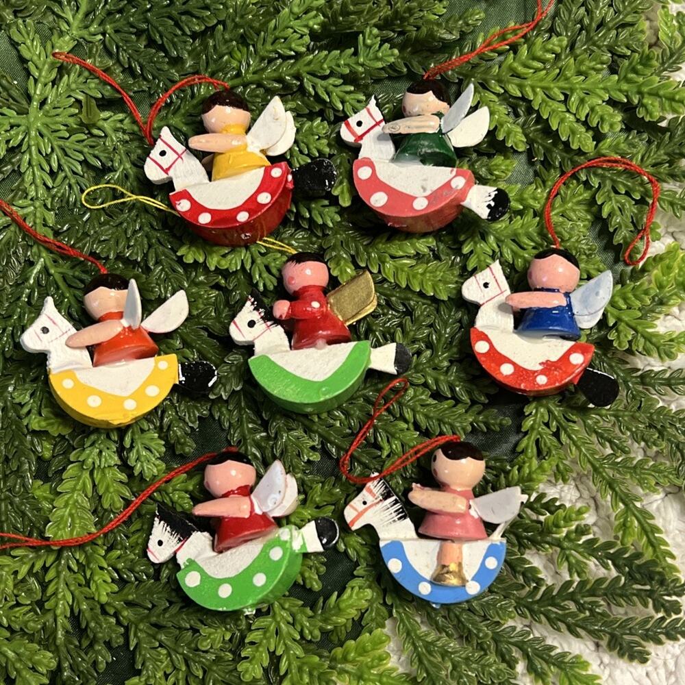 Vintage Set of 7 Small Wood Angels on Rocking Horse Christmas Ornaments Colors